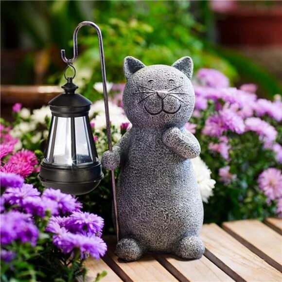 Solar Garden Statue Cat Figurine- Garden Art with Solar Lantern, Loving Cat - Picture 1 of 7